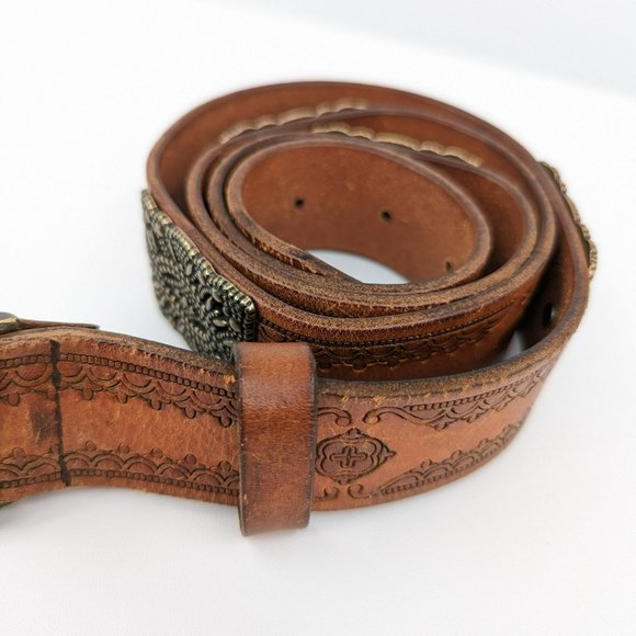 Fossil Belt L 40in Brown Gold Tooled Genuine Leather Metal Buckle Accent Adjusts - Picture 5 of 10